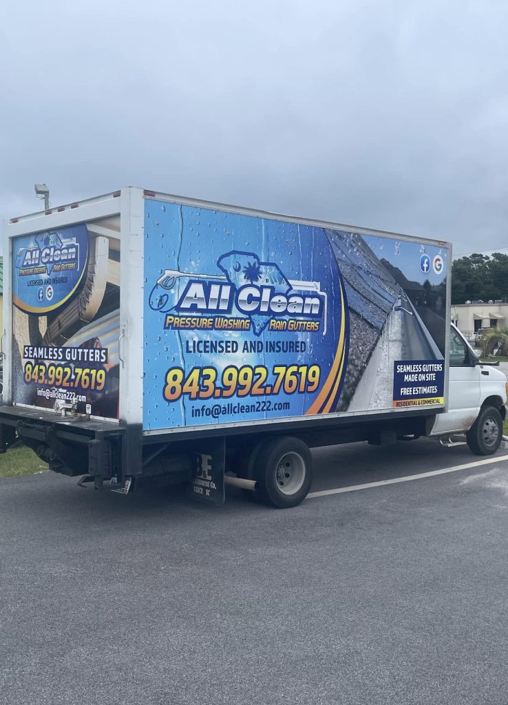 All Clean Rain Gutters box truck with the on-site gutter machine