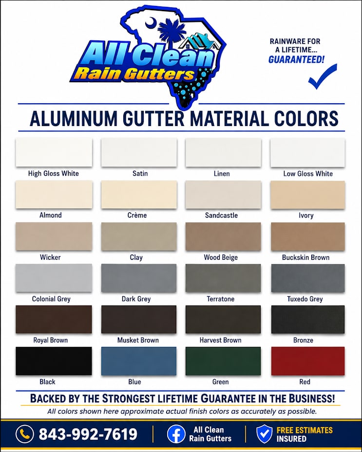 All Clean Rain Gutters aluminum gutter material colour chart showing all twenty-four available finishes with their names